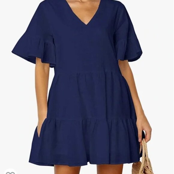 Fancyinn Dresses & Skirts - Women FANCYINN Ruffle Sleeve V Neck Shift Dress in Navy Blue Size Small
